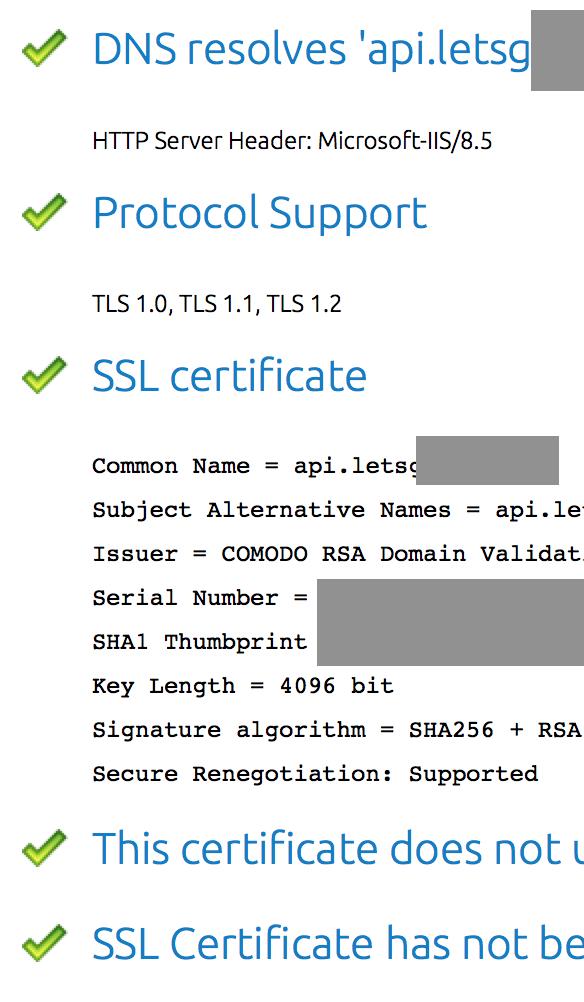 Green checkmarks in front of many common SSL checks